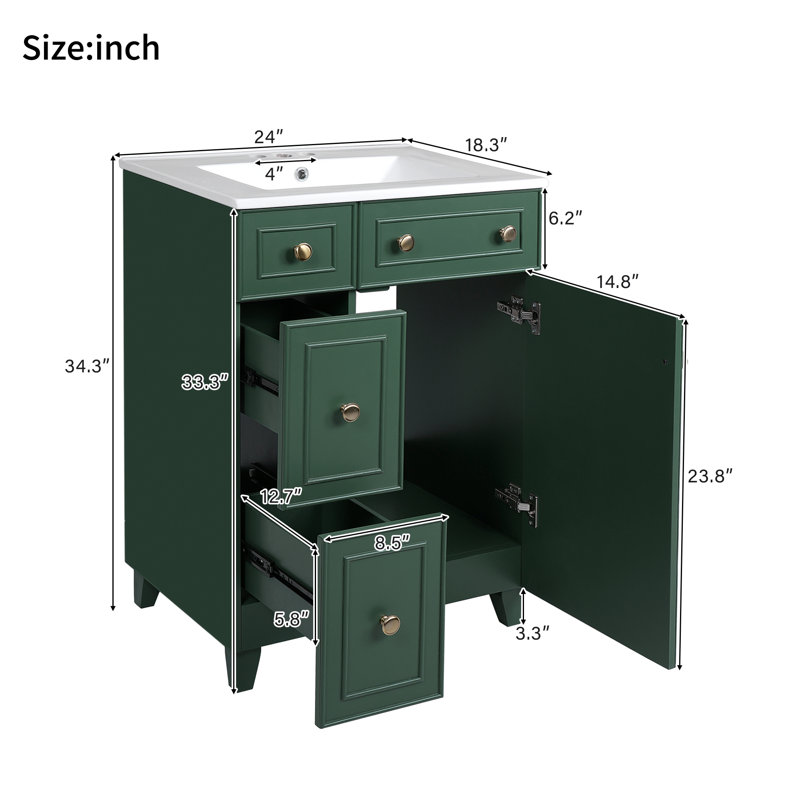 Meuble-lavabo de salle de bain avec lavabo en céramique - Armoire de rangement compacte avec 2 tiroirs et porte à fermeture en douceur