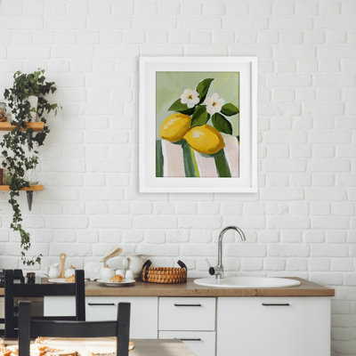 Lemons And Daisies on Tablecloth Framed Print Under Glass, design by The Prints Vibe