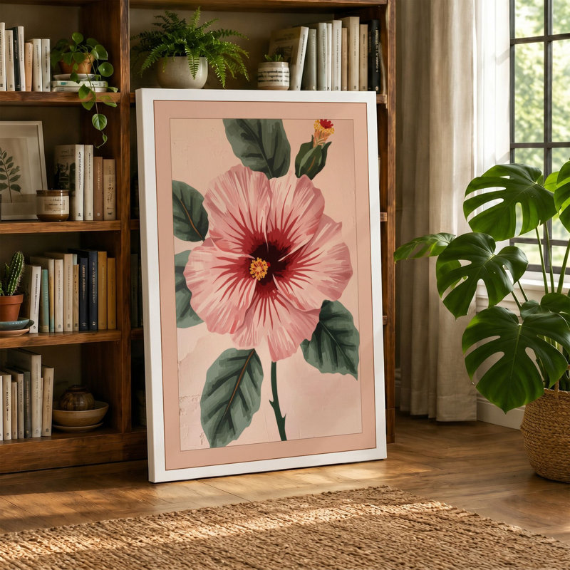 Hibiscus in Bloom Botanical - Wrapped Canvas, 30x20 - 76.2 x 50.8 cm, Teal Border