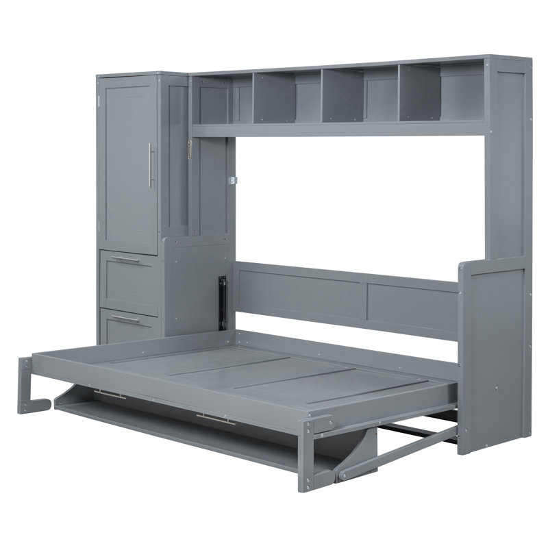  Lit escamotable double pleine grandeur avec placard, tablettes de rangement et tiroirs, gris