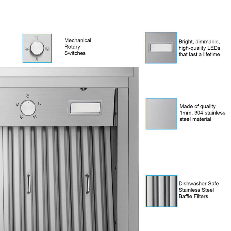 Victory 48-Inch 1200 CFM Insert Range Hood in Stainless Steel with Baffle Filters, 4-Speed Rotary Switch, Dimmable LED's