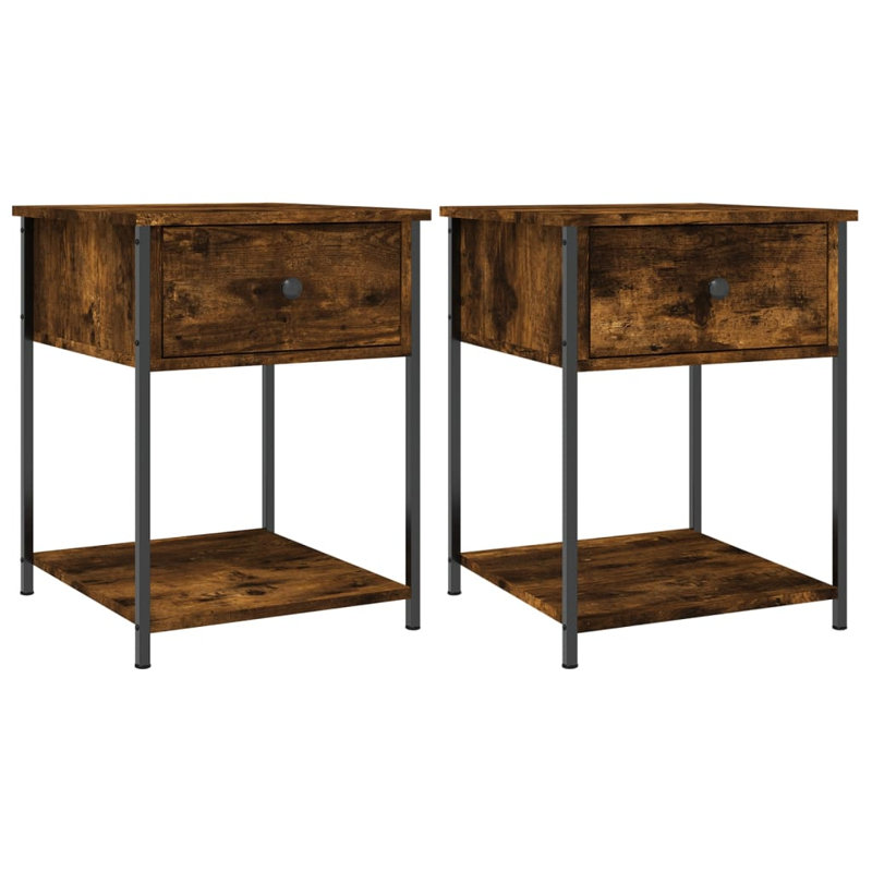 Allums 44cm W Iron Bedside Table, Set of 2, Smoked Oak