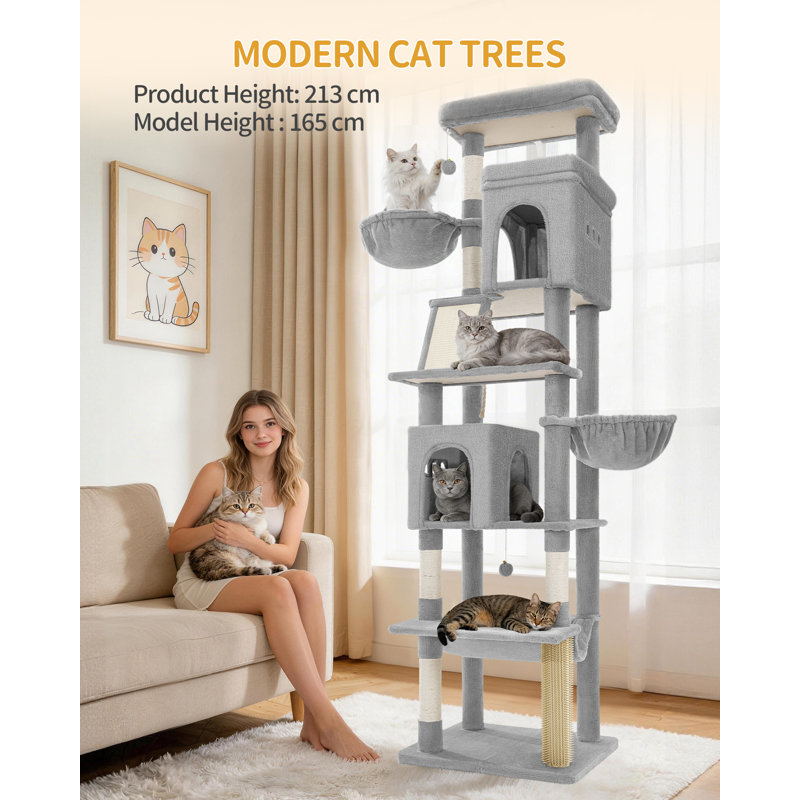 Large Cat Tree Tower, Cat Tree for Indoor Cats, Climbing Tower for Large Cats, 5 Scratching Post, 2 Large Platform, 2 Caves, 2 Baskets, Stairs, Hammocks