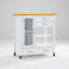 Îlot de cuisine blanc polyvalent avec plateau en bois de noyer, armoire de rangement sur roulettes avec tiroirs et barre à serviettes