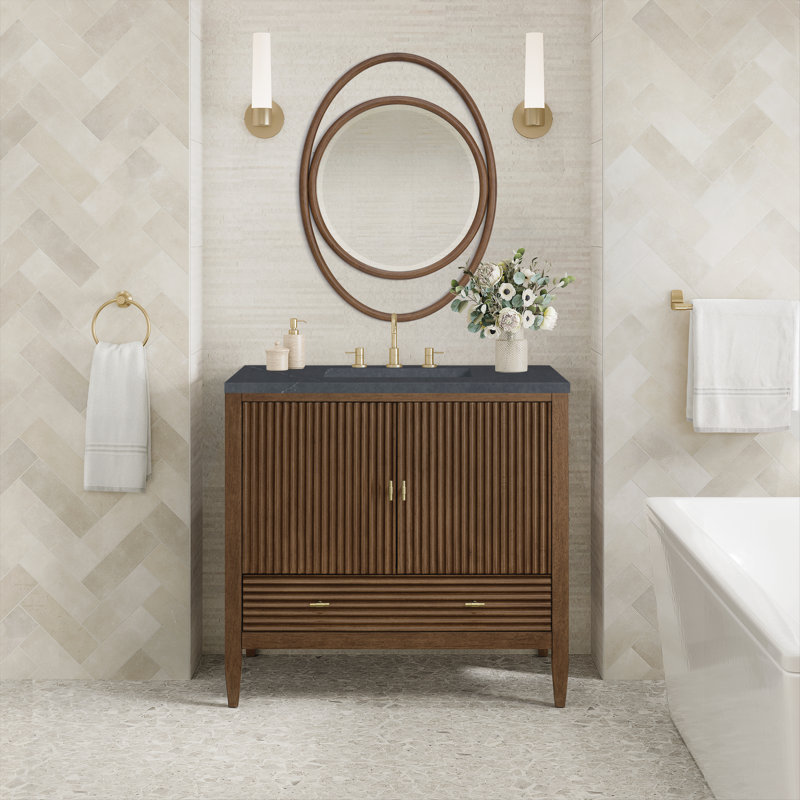 Myrrin 36'' W Single Vanity, Mid-Century Walnut, Charcoal Soapstone, 8" Widespread