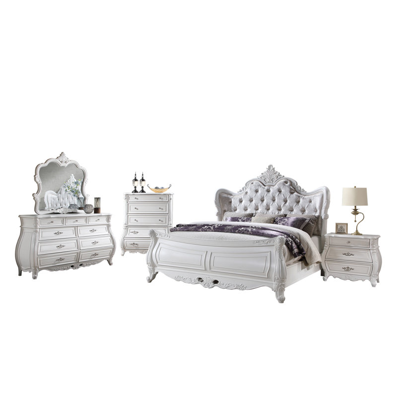 Ensemble de chambre à coucher Lasiya, Grand, 5 Pcs: Bed, 2 Dressers, Nightstand, Mirror