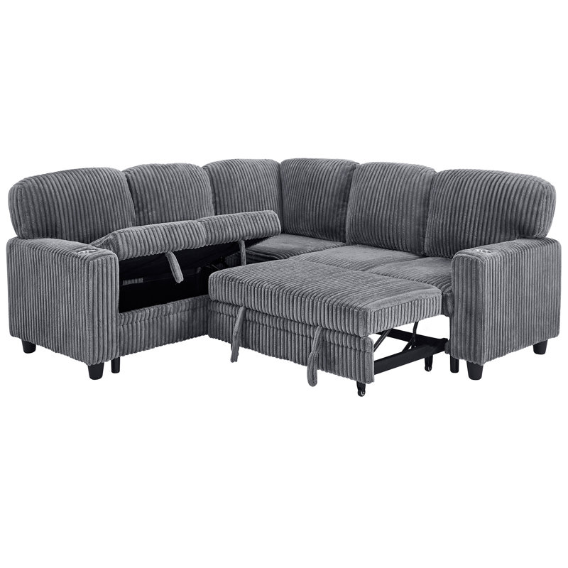 L-Shaped Sectional Sofa Bed With Pull-Out Bed & Storage, Gray Corduroy