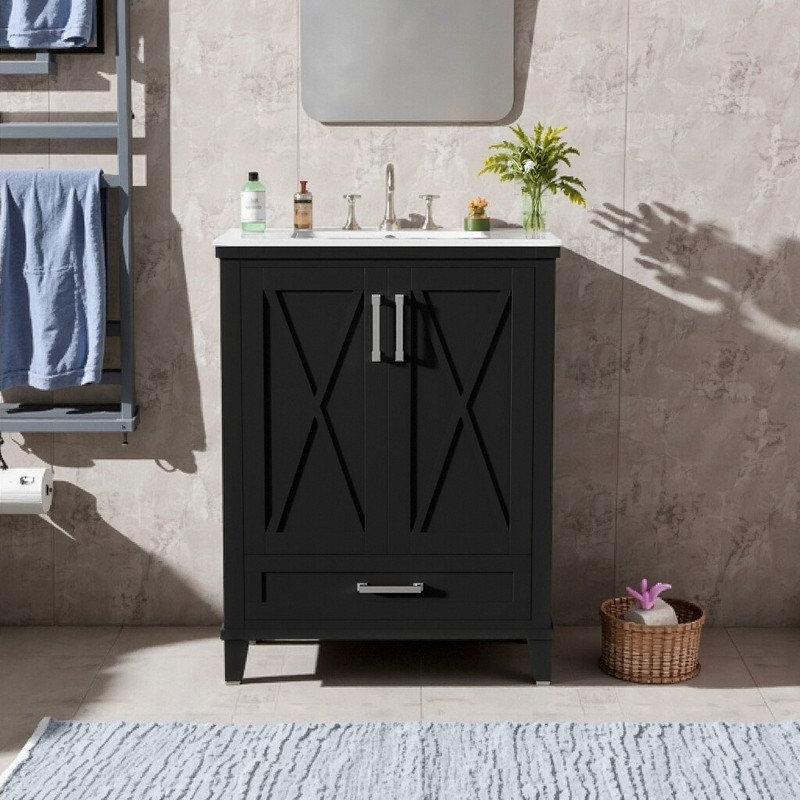 24-Inch Bathroom Vanity With Ceramic Sink, Divided Drawer & Soft-Close Doors, Black