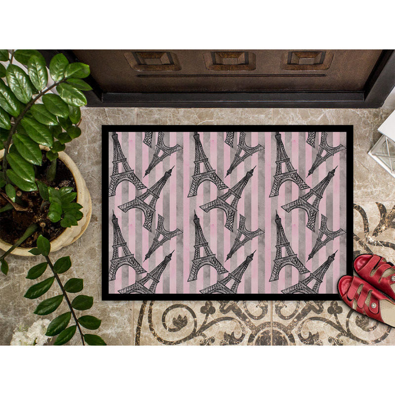 Tapis de porte pour l’extérieur antidérapant tour et rayures eiffel Belinda, H 0,25 po x l 27 po x P 18 po