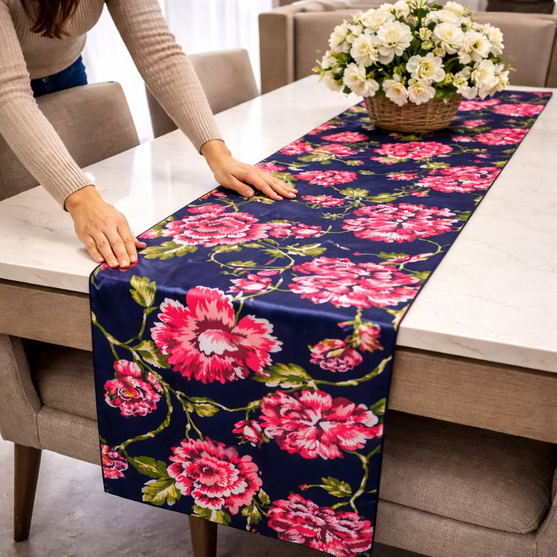 Ronni Handmade Floral Table Runner Blue Polyester for Dining Table Decor, Holiday Gatherings & Christmas Decor