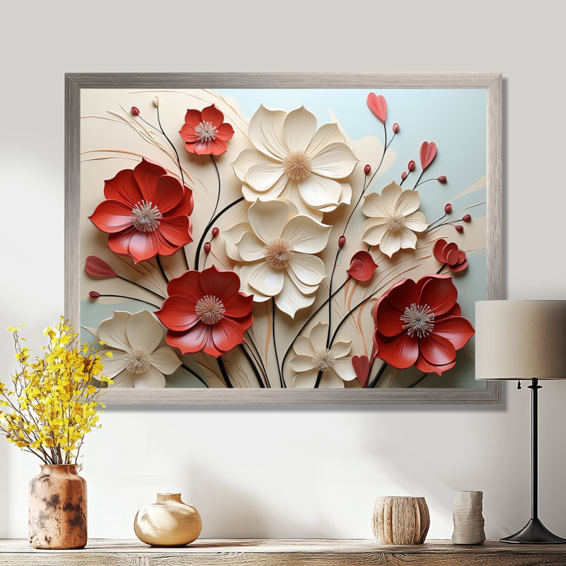 Rouge et blanc cramoisi fleur s Étreinte - art mural fleur, H 34 po x l 44 po, Cadre photo unique, Argent argent