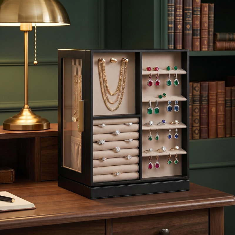 Boîte à bijoux rotative à 360 ° - Boîte de rangement de bijoux verticale avec 5 tiroirs, organisateur de fenêtre en verre avec design ouvert, rangement pour bijoux spacieux, grand cadeau, noir graphite