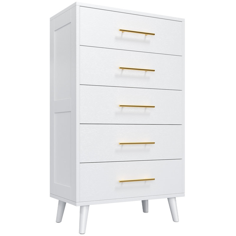 White 5-Drawer Dresser with Gold Handles and Deep Storage
