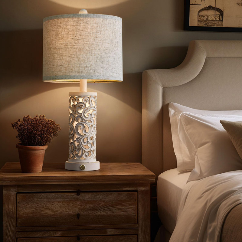 Vintage White Carved Base Table Lamp Set with Linen Shade