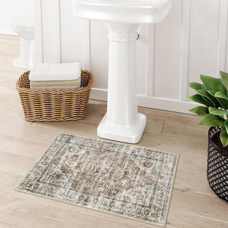 Tapis de bain Boho, tapis de bain kaki vieilli, petits tapis de bain en velours confortable antidérapant, tapis de toilette oriental rétro