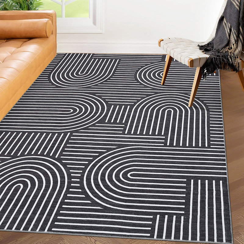 Washable Area Rug 3x5 Ft Modern Abstract Geometric Rug Non-Slip Carpet Non Shedding Foldable Floor Mat for Living Room Bedroom Dorm Black