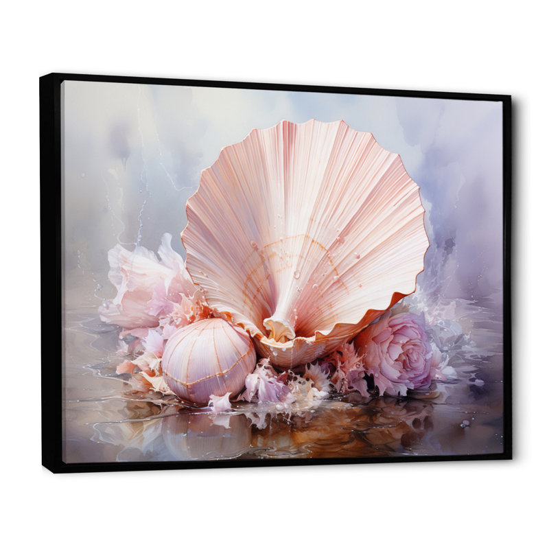Reproduction d'art de coquillage rose sérénité - coquillage, H 12 po x l 20 po x P 1 po, Cadre flottant noir