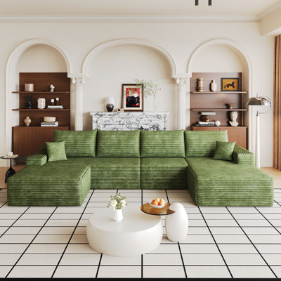 135 Cloud Sectional Sofa with 1 Ottoman, 135×68.2×37.8 in, Fabric, Plush Corduroy, 4 Pieces, Sectional Sofa, Green, No assembly required