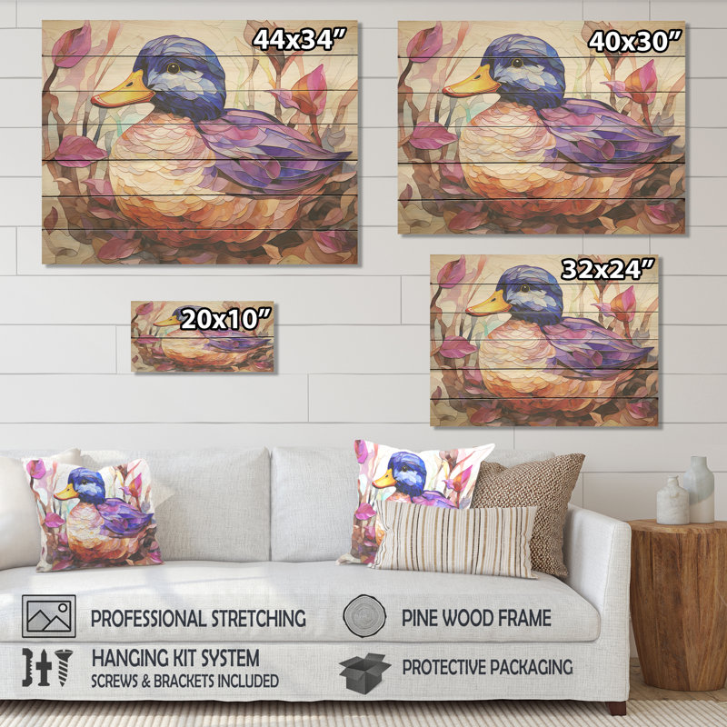 Canard beige et mauve dans un pré - animal canard sur bois, H 24 po x l 32 po x P 0,78 po