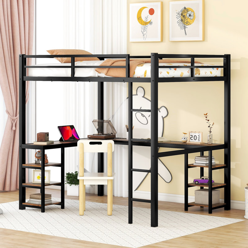 Lit mezzanine noir avec bureau et rangement, fabrication en métal robuste, chambre à coucher - économisez de l'espace judicieusement,