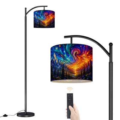 PeeNoke Arc Floor Lamp Stained Glass Print Mountain Landscape Colorful Sky Pine Trees Tall Modern Standing Lamp LED Adjustable Linen Lampshade 3 Color Temperatures