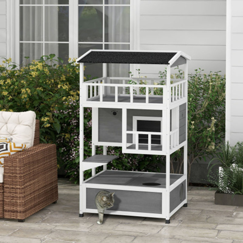 Maison pour chat d'extérieur en bois, abri pour chat avec toit d'asphalte, Gris clair