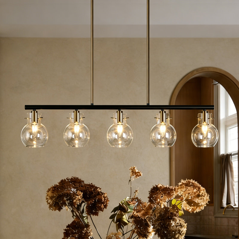 5 - Light Dimmable Shaded Dome/Cone Linear Chandelier, Globe