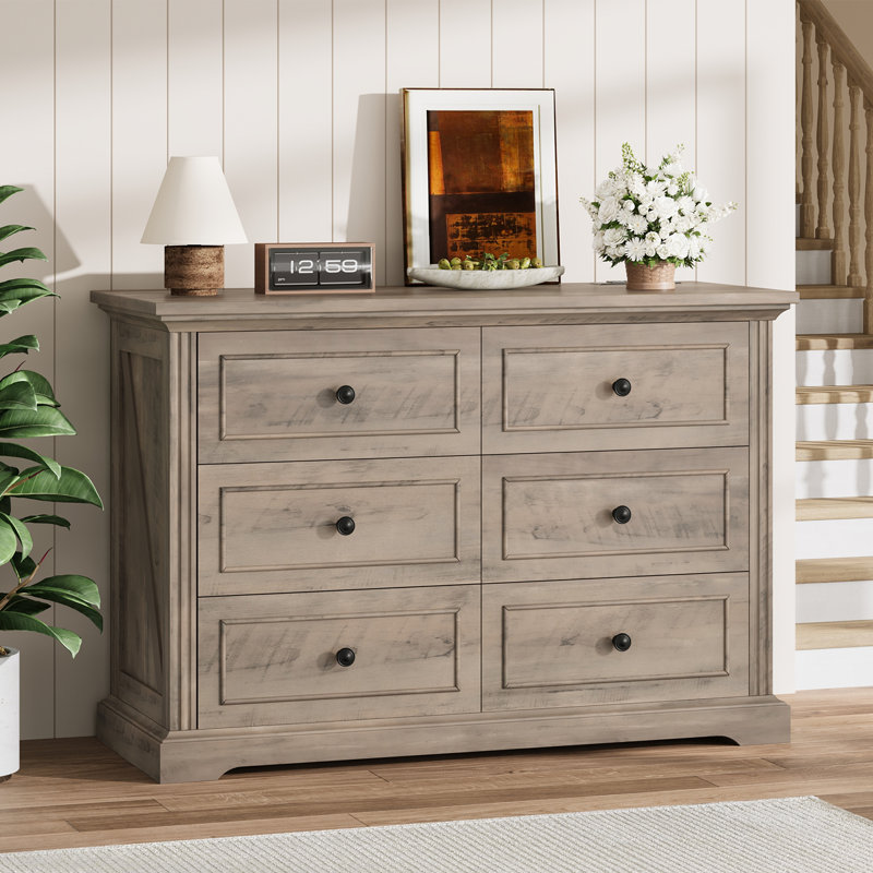 Dresser With 6 Drawers For Bedroom, Mid Century Wooden Dresser, Gray
