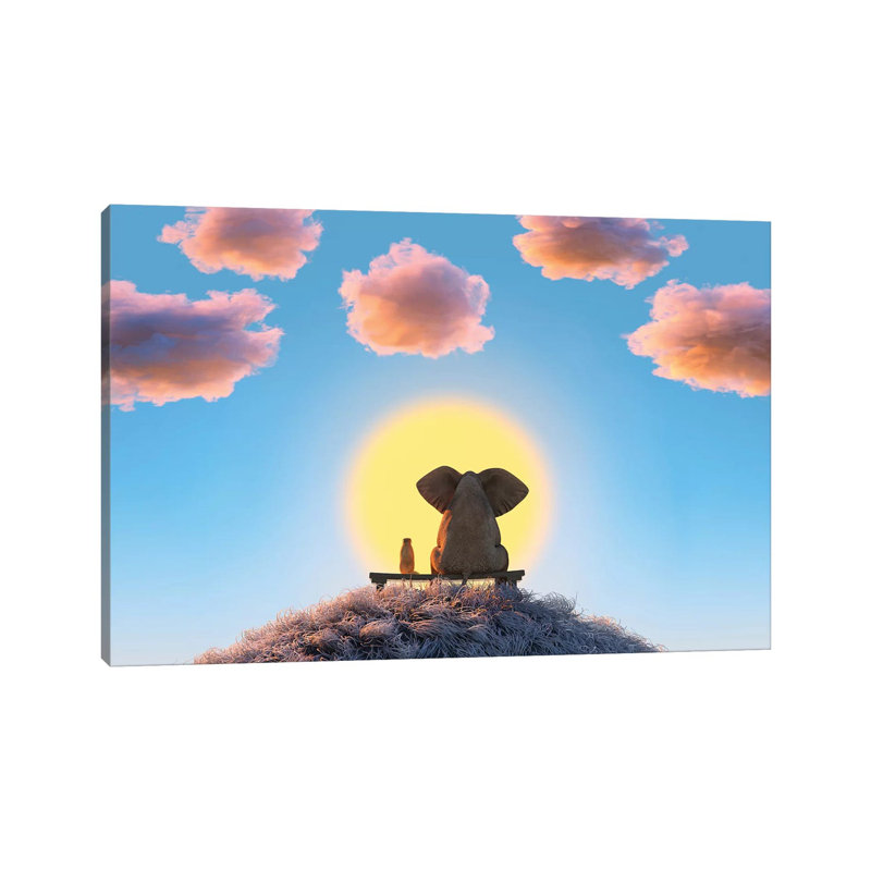 Elephant And Dog Are Sitting On A Hill by Mike Kiev - Wrapped Canvas Painting, 30.48 cm H x 45.72 cm W