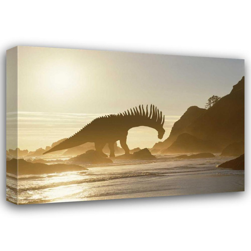 «Rosecliff Heights Zuckerman», art sur toile tendue par Jim Gallery: concept de dinosaure Amargasaurus sur un rivage de l'océan