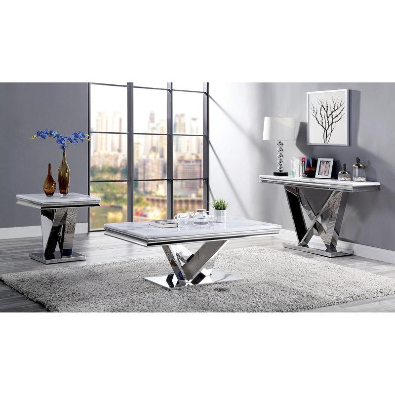Table de style moderne 1Pc avec plateau en faux marbre biseauté de 18 mm, piédestal en forme de V en acier inoxydable, base rectangulaire, surface gérable au design élégant