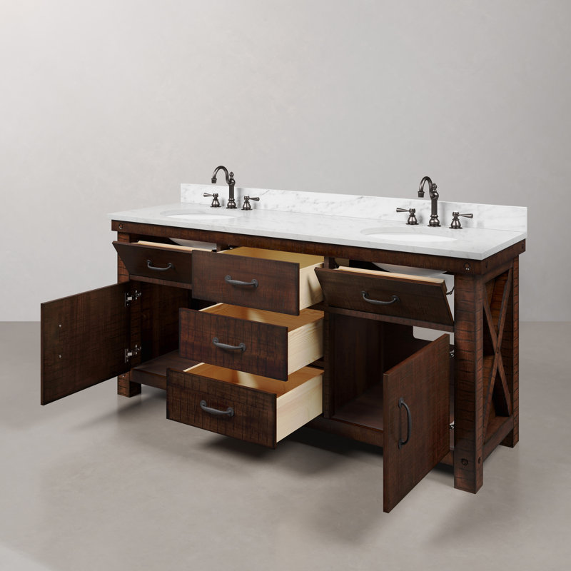 Aberdeen 72 In. Double Sink Blue Limestone Countertop Vanity In Rustic Sierra With Mirrors, Carrara White, Rostic Sienna