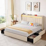 Bed Frame With Rgb Led Lights, Upholstered Bed With Drawers And Charging Station