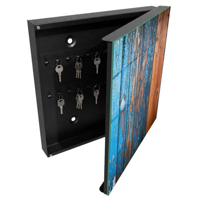 Key cabinet for wall, Opens to the right, 30x30x5, Black, Wooden background with peeling blue paint, 