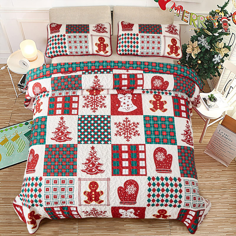 Ensemble de couvre-lit matelassé en patchwork de Noël 3 pièces, Queen