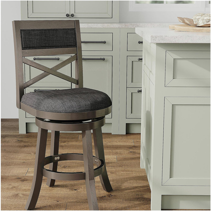 Tabouret de bar en forme de X de 24 po, traitement de surface gris patiné, siège en tissu gris anthracite