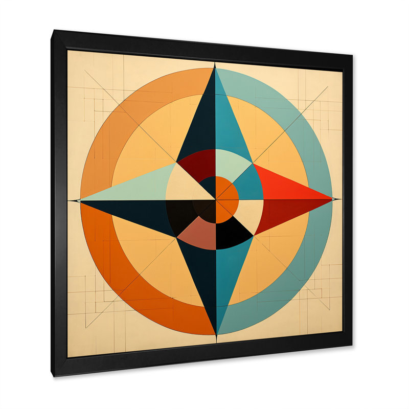 «Midcentury Compass», abstrait géométrique rétro sur toile, H 16 po x l 16 po x P 1 po, Cadre simple noir