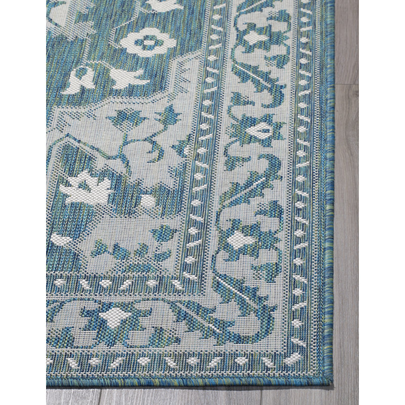 Tapis oriental bleu / gris en polypropylène tissé à la machine Rectangle, Rectangle 5 pi 4 po x 7 pi 6 po