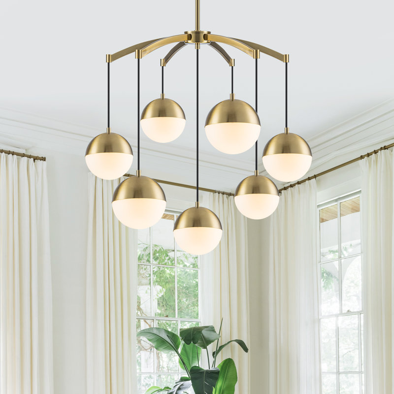 Lustre 7 lumières en verre décalé - douilles E12 pivotantes à 90 °, réglable de 35 à 90 po, structure dorée, 27,4 po de largeur - luminaire de salle à manger moderne