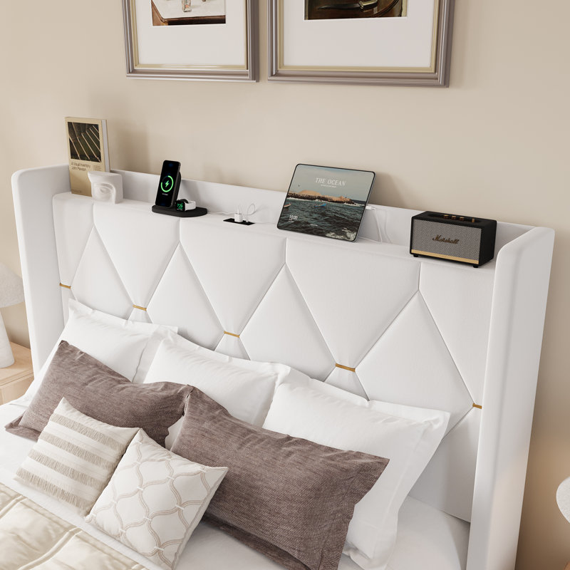Modern Tufted Velvet Upholstered Bed With Charging Station & Storage Shelf ,No Box Spring Needed, White, Queen