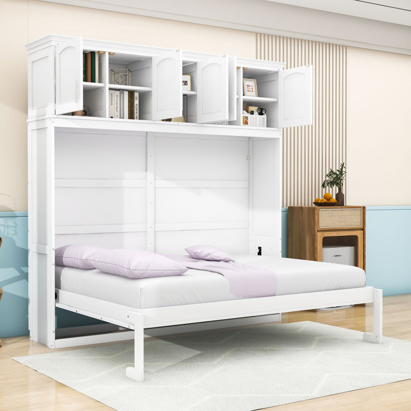 Lit escamotable en bois avec armoires supérieures, conception pliable peu encombrante, Blanc, Grand lit
