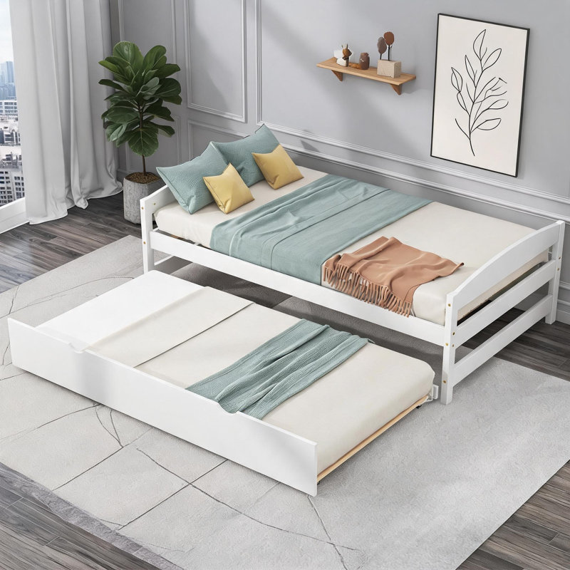 Small Space Guest Or Bedroom Twin Size Platform Bed Solid Pine Construction White-toned With Pull Out Trundle