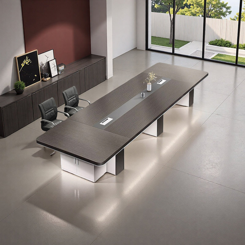 Table de conférence minimaliste avec armoire de rangement, H 29,52 po x L 196,85 po x l 59,05 po, Gris
