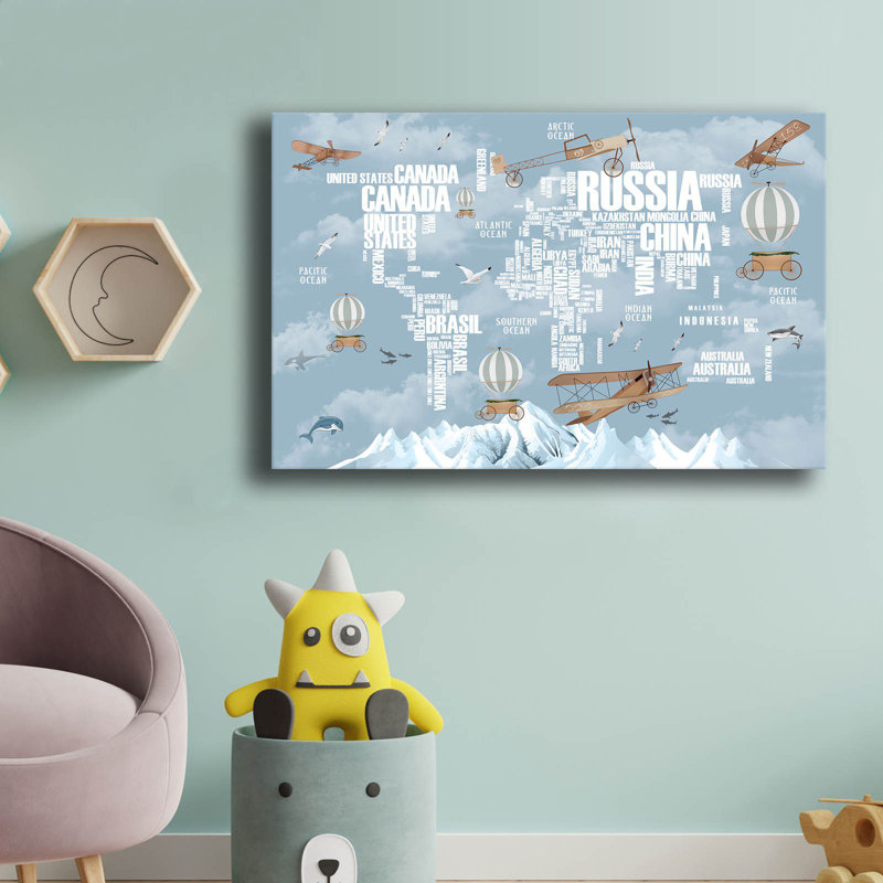 «Blue World Map Air plane Adventure», art mural en toile pour enfants - 27,6 po x 17,7 po