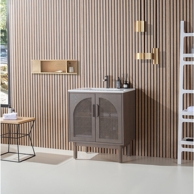 Ensemble de meuble-lavabo simple 29,13 po Emir avec plateau en quartz blanc, Chêne châtaigner