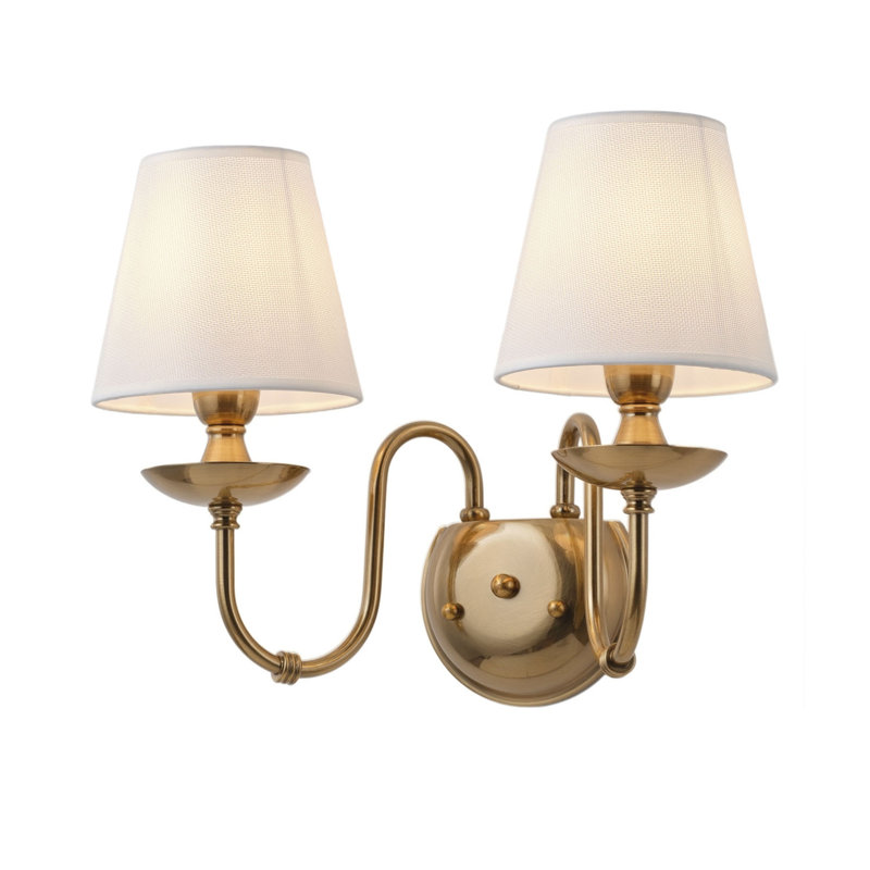 Vintage 2-Light Hardwired Wall Sconce with Fabric Shade in Polished Brass, 2-Light