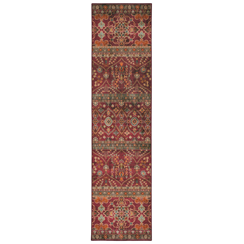 Tapis grenat lavable et ivoire tissé à la machine Ducote, Tapis de couloir 2 pi x 8 pi