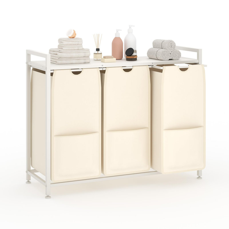 Trieur de linge avec tablette, organisateur de panier à linge coulissant triple avec sacs amovibles, panier à linge autoportant en métal