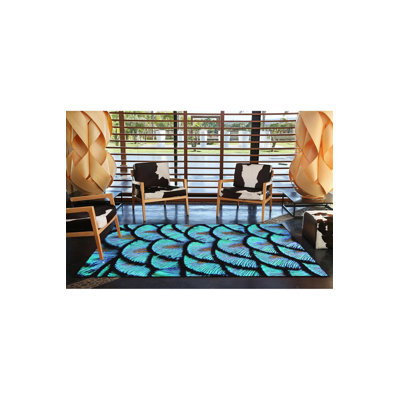 Tapis bleu à motif de plumes de paon lavables à la machine