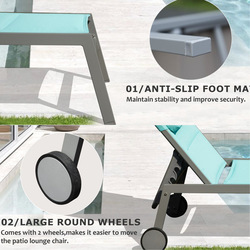 3 chaises longues d'extérieur - chaises de jardin en aluminium avec rembourrage et siège inclinable réglable pour la piscine, la plage et le balcon dans un cadre en tissu bleu lac